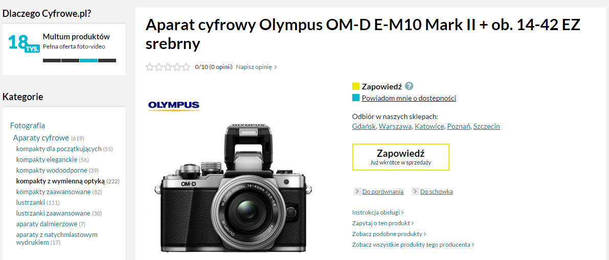 Aparat Olympus OM-D E-M10 mk II ma być dostępnyw sklepach mniej więcej w połowie września. Cena samego korpusu będzie oscylowała wokół 2,6 tys. zł a cena zestawu z obiektywem 14-42 około 3,5 tys. zł. 