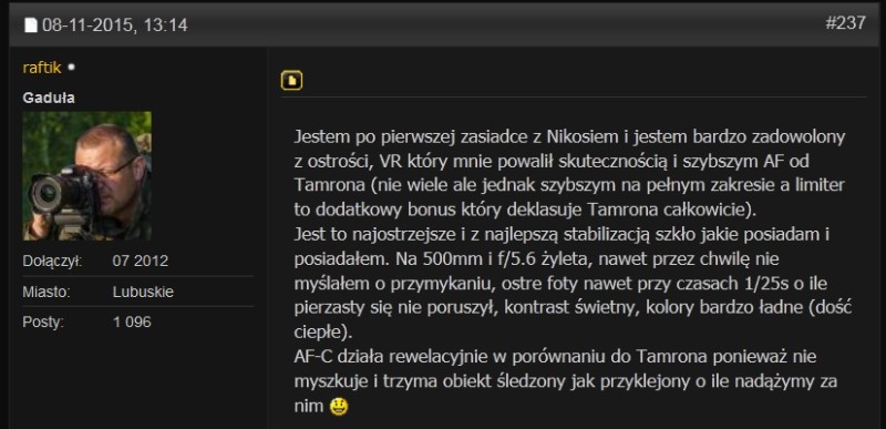 Opinia użytkownika obiektywu Nikon Nikkor 200-500/5.6