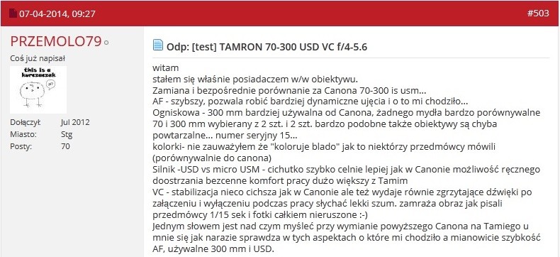 Opinia użytkownika obiektywu Tamron 70-300 f/4-5.6 USD VC
