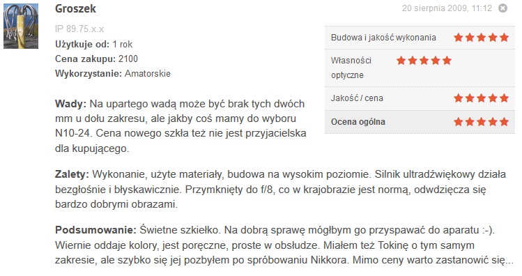Użytkownicy Nikkora nie szczędzą mu pochwał, nie bez powodu. Źródło: www.optyczne.pl 
